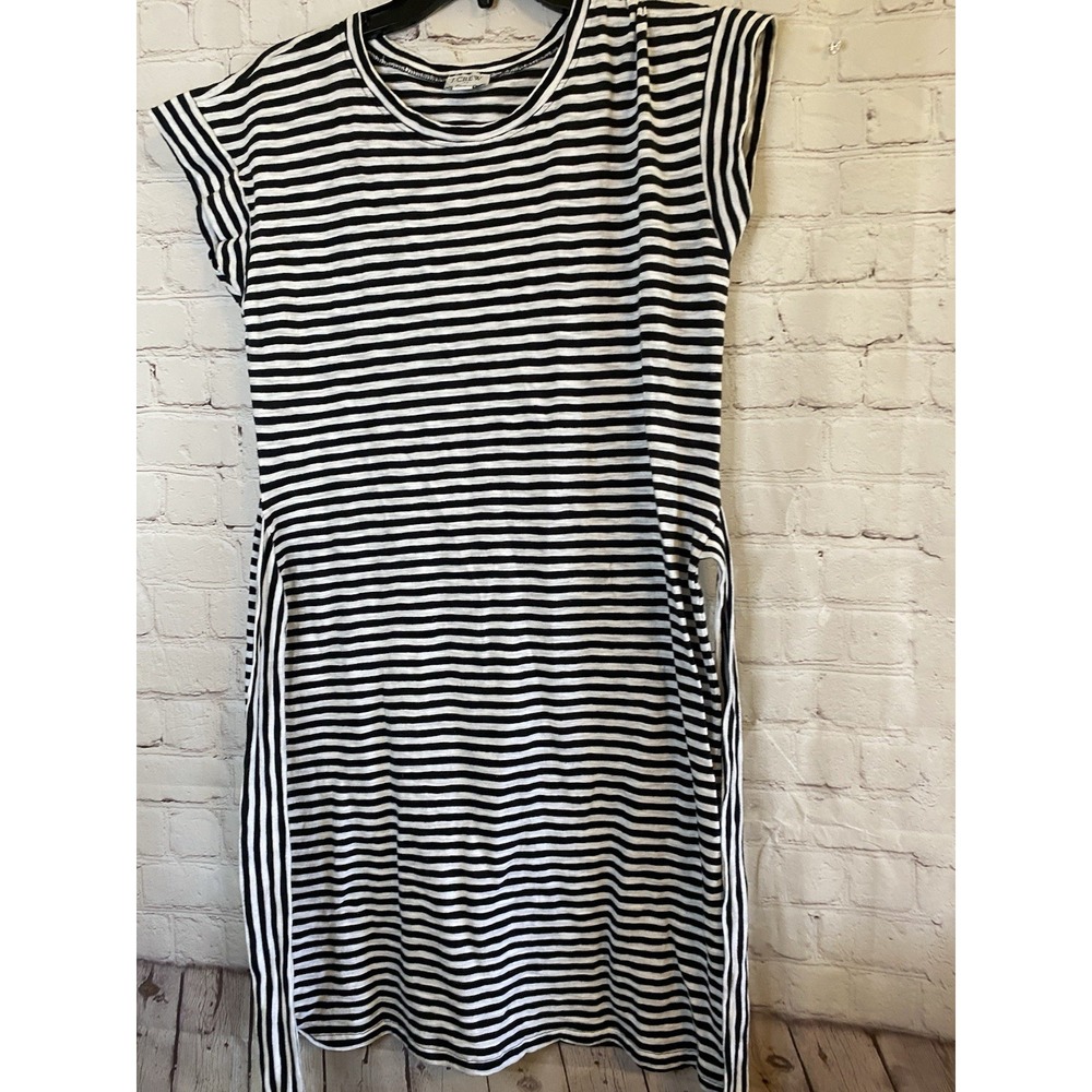 J Crew Midi Dress Womens Size XS Black White Striped Belted Cotton Casual